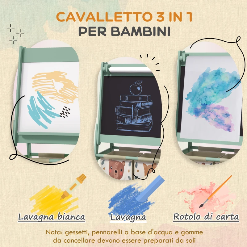 AIYAPLAY Lavagna per Bambini con Cavalletto 3 in 1 e 2 Contenitori, Età 3-8 anni, 54x46.5x93cm, Verde