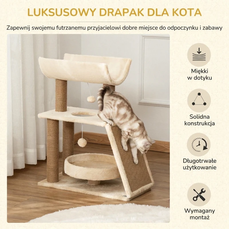 PawHut Mały Drapak dla Kotów, 76 cm Drapak z Piłką do Zabawy, Miejscem do Siedzenia, Wewnętrzną Wieżą do Wspinaczki z Łóżkiem, Matą do Drapania, Meblem do Drapania dla Kotów do 5 kg, Jasnobrązowy