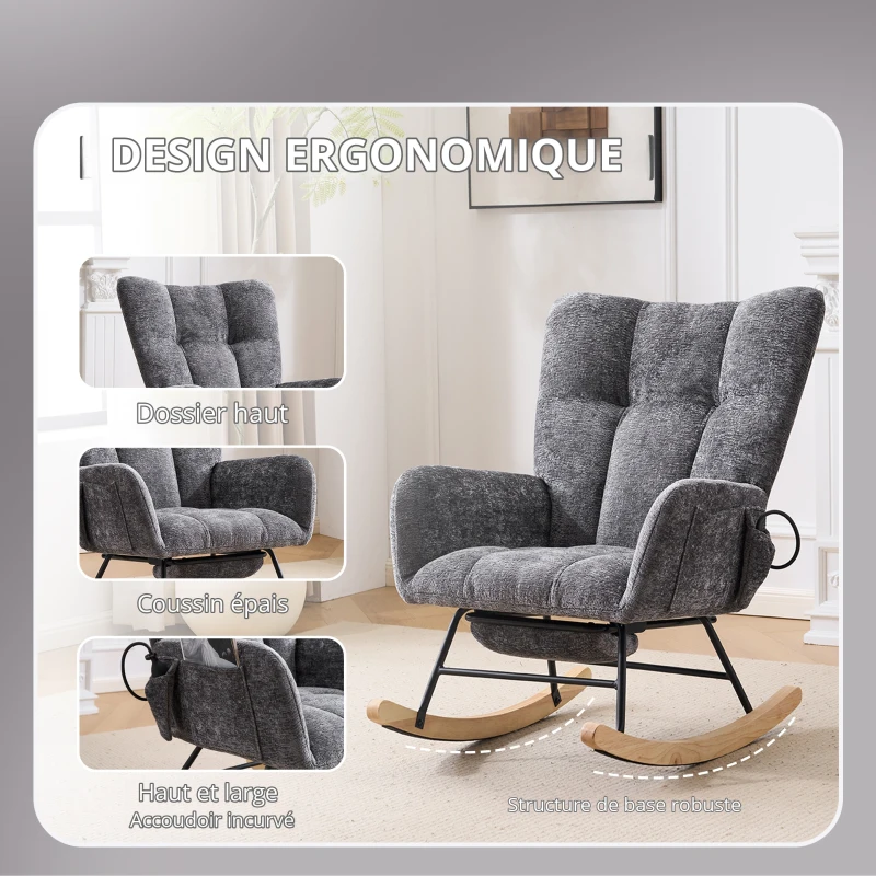 Fauteuil à bascule, coussins gonflables réglables, dossier haut, repose-pieds et rangement latéral, 63x92x89 cm, Gris foncé