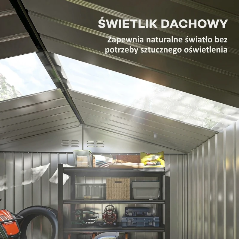 Outsunny Metalowy Domek Narzędziowy 4,9 m², Szopa Ogrodowa z Dwuspadowym Dachem, Drzwi Przesuwne, Fundament, 277 x 195 x 192 cm, Ocynkowana Stal, Odporny na Warunki Atmosferyczne, dla Ogrodu, Szary