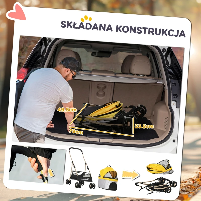 Wózek dla psa PawHut, 2 w 1, składany, torba transportowa, Żółty