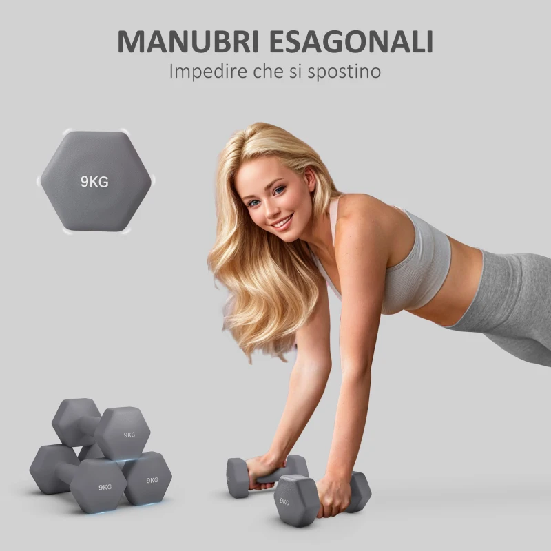SPORTNOW Set 2 Manubri Esagonali da 9 kg in Metallo e Plastica con Impugnatura Antiscivolo, 25x11x11cm, Grigio