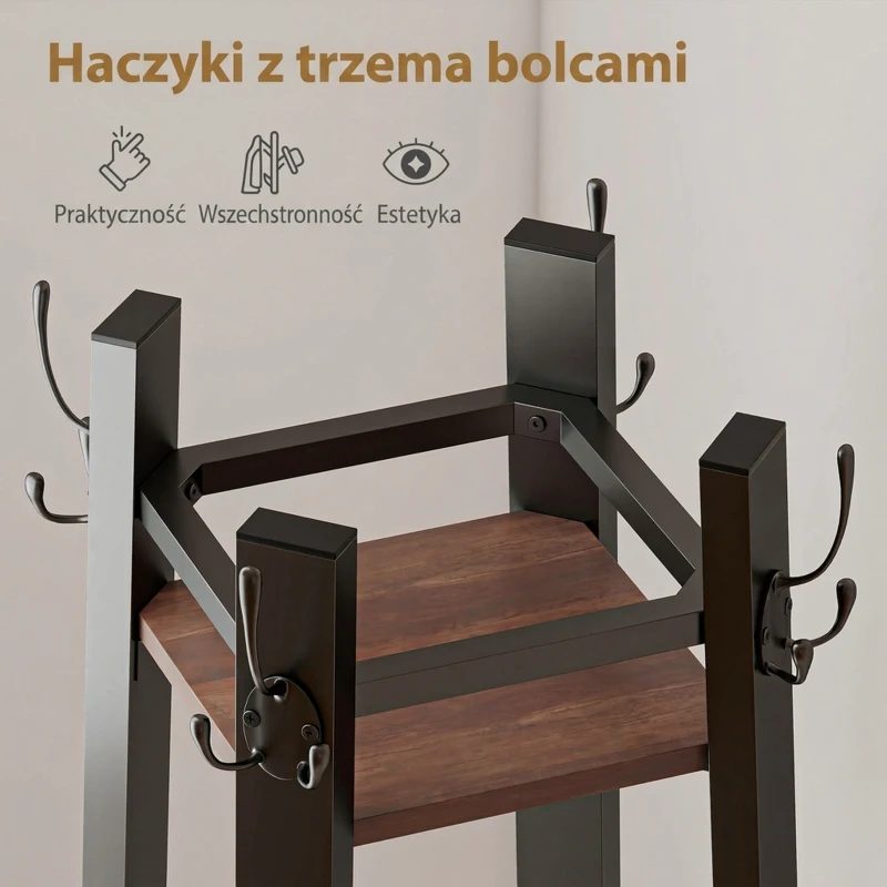 HOMCOM Wieszak Garderobiany z 4 Poziomami, Wolnostojący Stojak na Ubrania, 8 Haków, 4 Półki, Styl Industrialny, Metal, Płyta Wiórowa, Brązowy