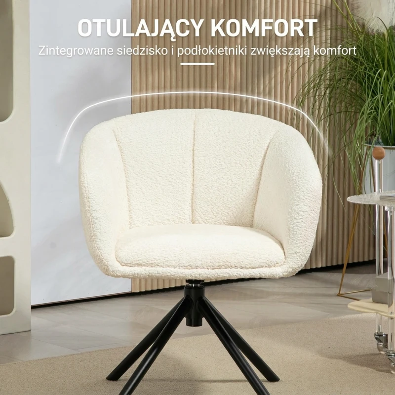 HOMCOM Fotel Lounge z podłokietnikami, w wyglądzie lnu, obrotowy, z metalowymi nogami, do salonu, kuchni, sypialni, kremowy