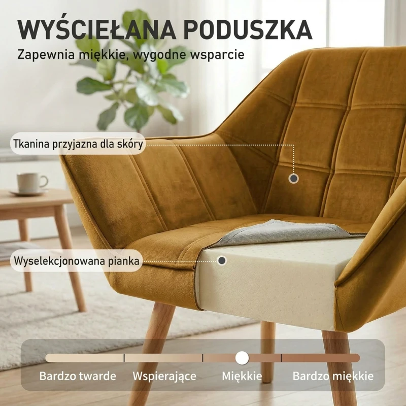 HOMCOM Fotel relaksacyjny z podłokietnikami, welur, żółty, drewniane nogi