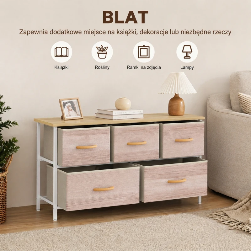 HOMCOM Komoda z 5 szufladami, tkaninowa szafka z metalową ramą i drewnianym blatem, naturalne drewno i biały
