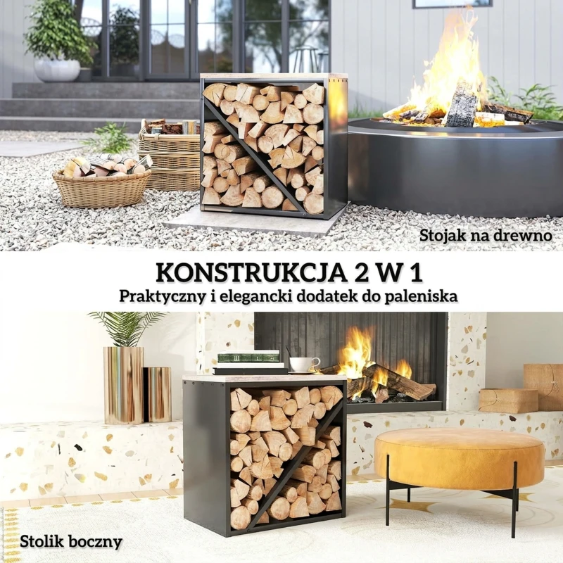 Outsunny 2-w-1 Wewnętrzny regał na drewno kominkowe 58 x 36 x 60 cm, podwyższony regał na drewno z przegrodą, stojak na drewno kominkowe, regał na drewno, metal, czarny