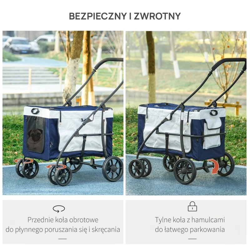 PawHut 2 w 1 Wózek dla psów i kotów z odpinanym koszem, 2 linki bezpieczeństwa, Składany, Oxford, Niebieski