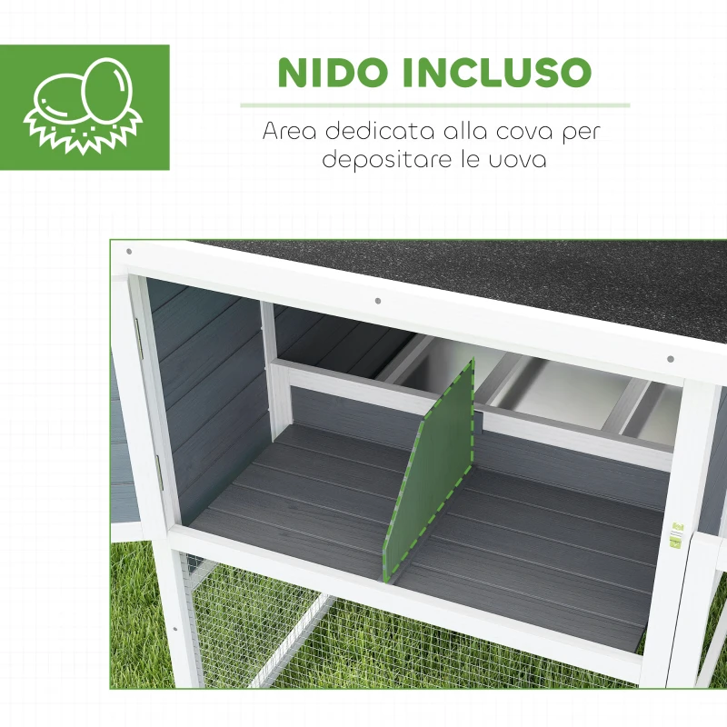 PawHut Pollaio per Galline in Legno di Abete con Casetta, Nido per Cova e Area Esterna, 214x101x 91.5 cm, Grigio