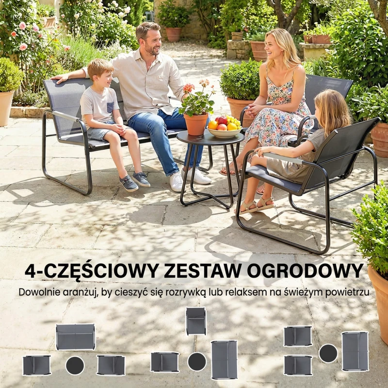 Outsunny Zestaw Mebli Ogrodowych dla 4 Osób Oddychająca Sofa Ogrodowa z 2-osobową Ławką, 2 Krzesłami, Okrągłym Stołem i Regulowanymi Nóżkami