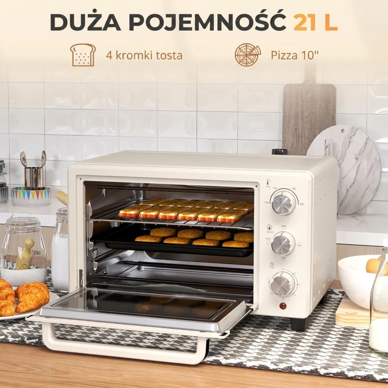 Mini Piekarnik HOMCOM, 3 tryby, do 230° C, 1400W, z akcesoriami, 46x38,5x29cm, Kremowy
