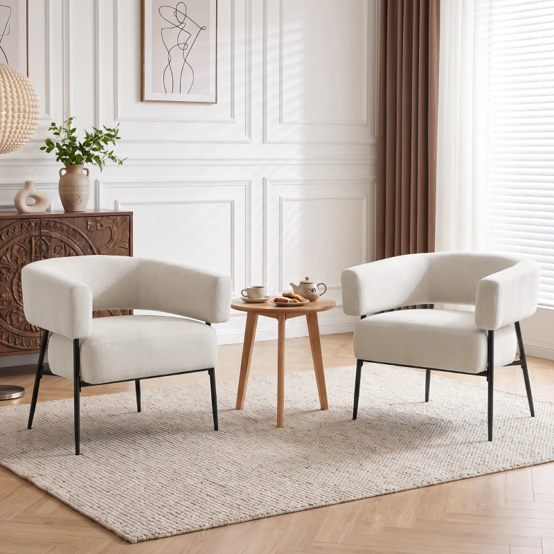 HOMCOM Fauteuil voor Woonkamer, Loungestoel met Dik Kussen, Gestoffeerde Relaxstoel in Linnenlook met Stalen Frame, Beige