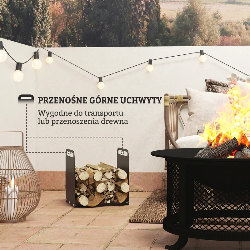 Outsunny Stojak na drewno kominkowe, 2 uchwyty, rama stalowa, do 30kg, 36x30x36cm, Czarny