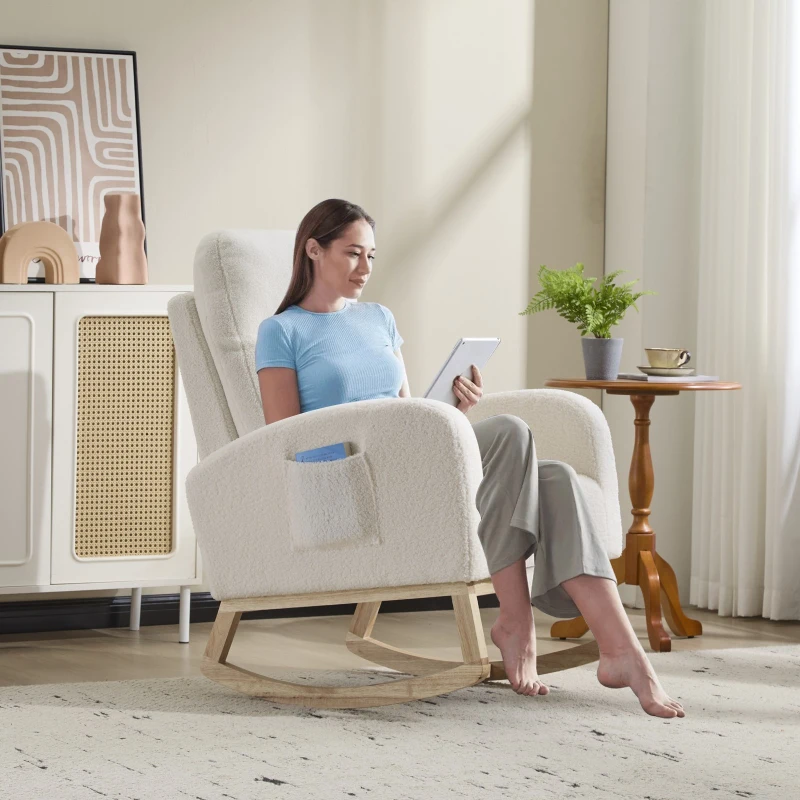 Fauteuil à bascule d’allaitement, dossier haut ergonomique, base incurvée en bois massif, poche latérale, 75x63x104 cm, Blanc