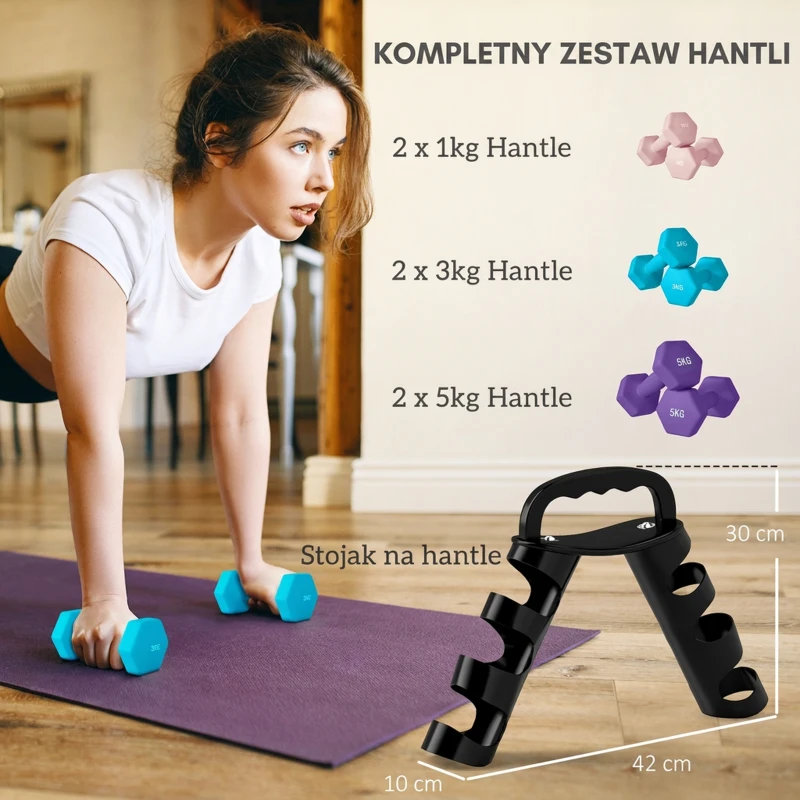 SPORTNOW Zestaw hantli z stojakiem, zestaw 6 hantli do treningu fitness, 2 x 1kg, 2 x 3kg, 2 x 5kg
