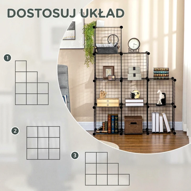 HOMCOM System półek, półka sześcianowa z drutu stalowego DIY, 9 przegródek, kratka druciana, na buty, na stopnie do salonu, pokoju dziecięcego, sypialni, czarny, 35 x 35 x 35 cm na sześcian