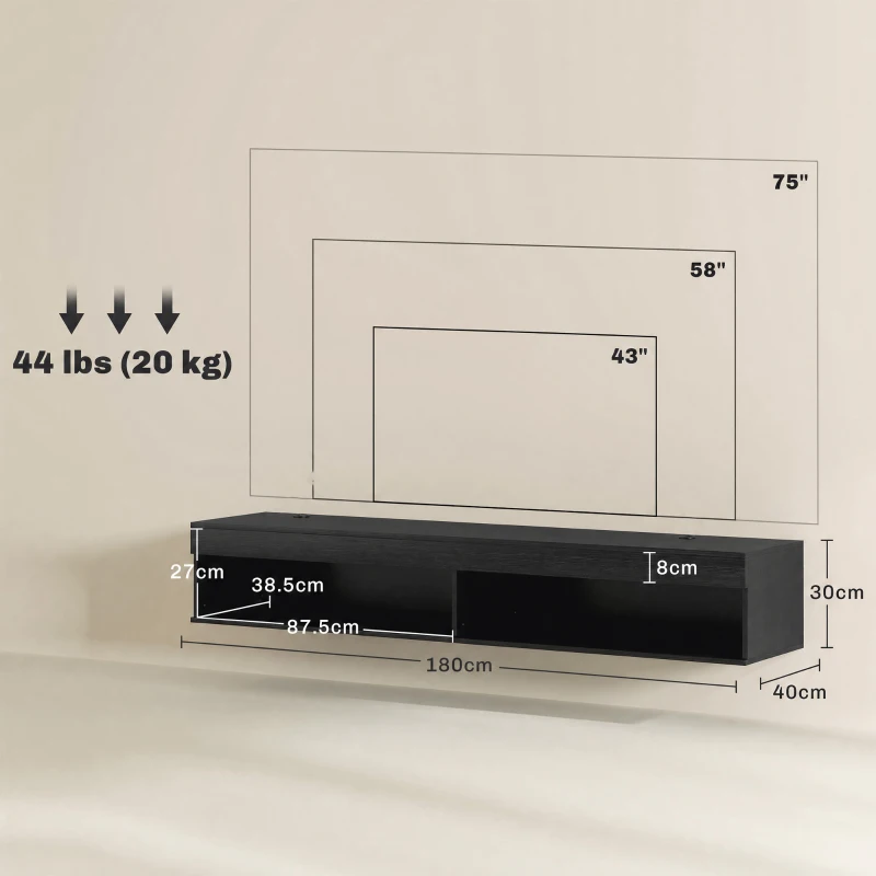 HOMCOM Mobile Contenitore Sospeso con Luci LED a 16 Colori e Telecomando, 180x40x30 cm, Nero
