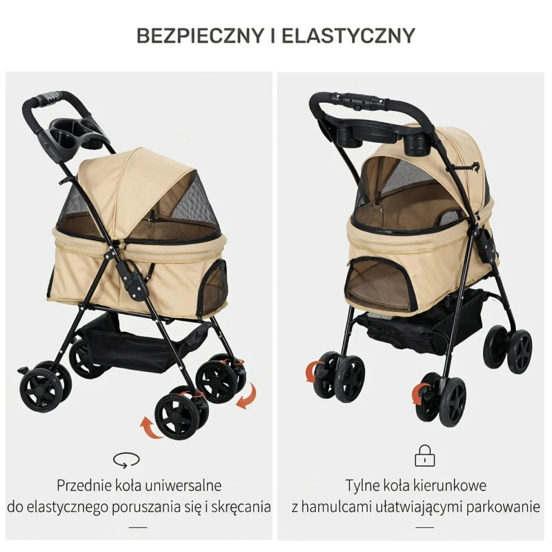 Wózek dla psa i kota PawHut, mały, khaki, wygodny