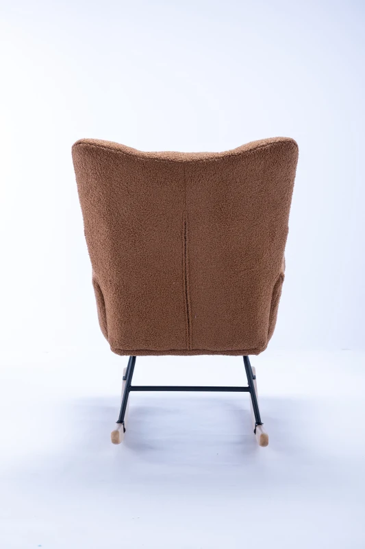 Fauteuil à bascule en tissu teddy, avec poche, dossier enveloppant et base en bois massif, pour salon ou chambre d’enfant, Marron