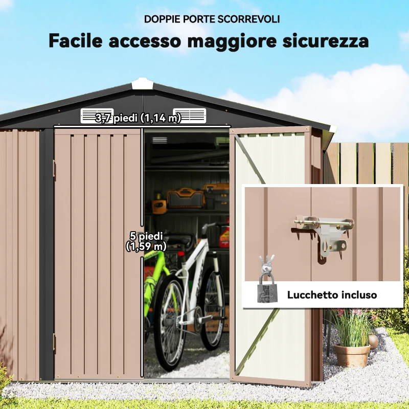 Outsunny Capanno in Metallo 305 x 245 cm, Robusto Capanno da Giardino con 4 Prese d'Aria e Porte Doppie con Serratura, Marrone