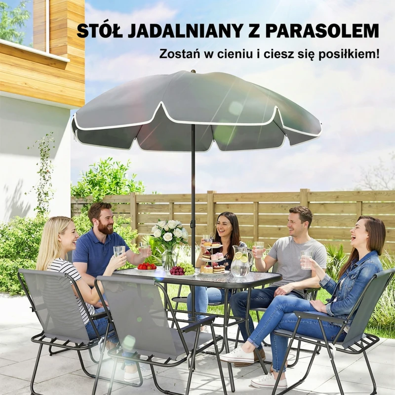 Outsunny Zestaw Mebli Ogrodowych 119 x 68 cm Stół ze Szkła z 6 Składanymi Krzesłami Parasol Wzór Wodny Szary