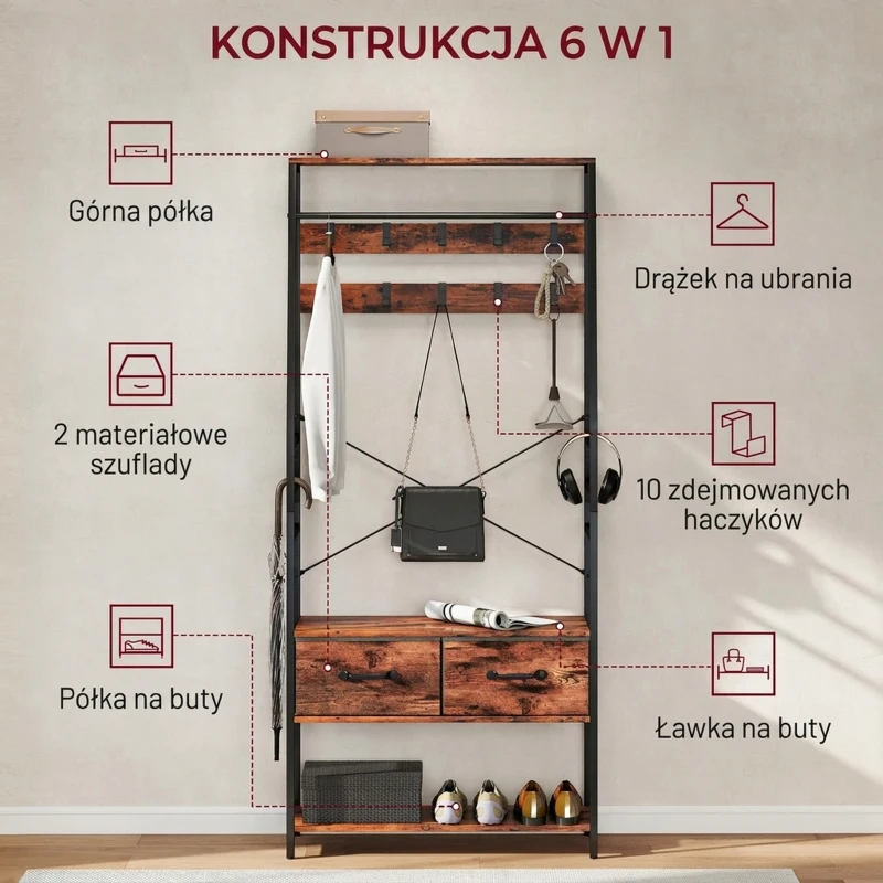 HOMCOM Garderoba, Wieszak na ubrania z 10 regulowanymi haczykami, Półka na buty, Szuflada z tkaniny, Wieszak w stylu industrialnym dla przedpokoju, Sypialni, Salonu, Rustykalny brąz, Wysokość 180 cm