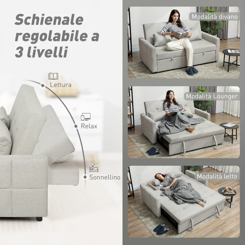 HOMCOM Divano 2 Posti Convertibile in Divano Letto Clic Clac con 2 Cuscini in Tessuto, Marrone Chiaro