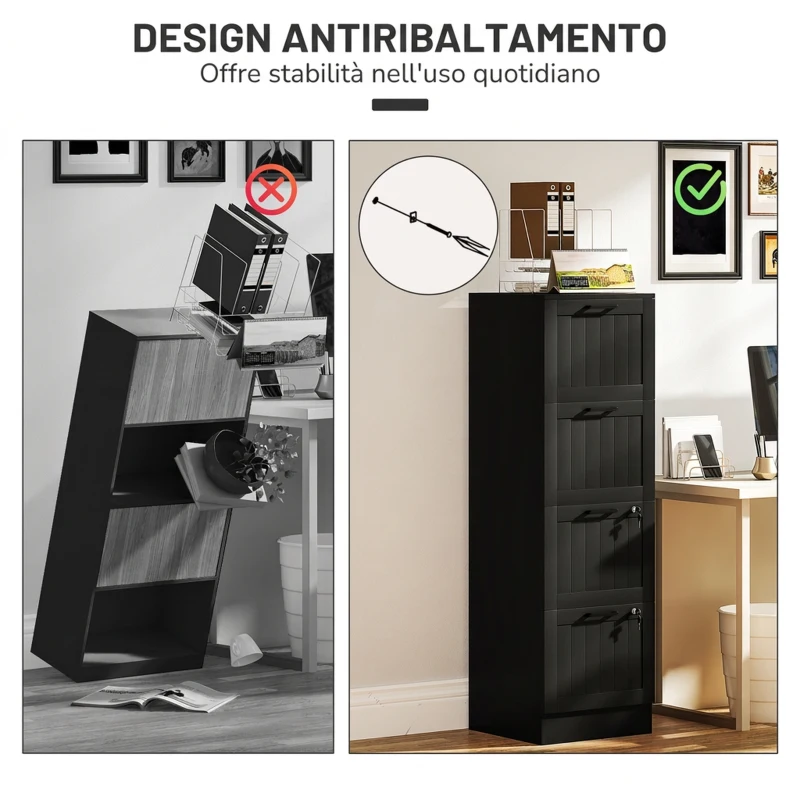 HOMCOM Cassettiera Portadocumenti a 4 Cassetti con Binario Regolabile e 2 Serrature, in Legno, 40x40x131 cm, Nero