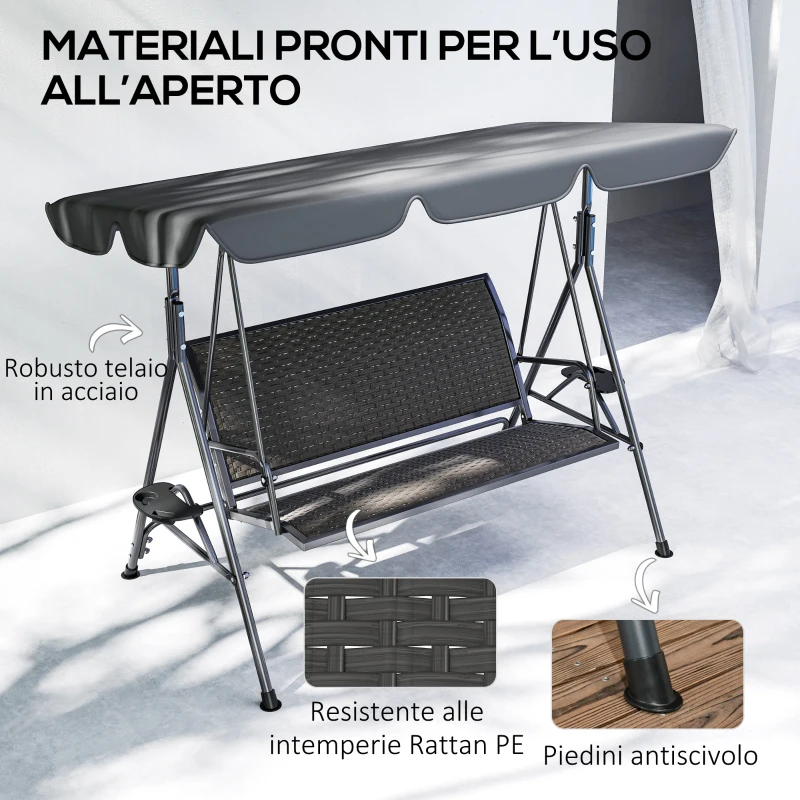 Outsunny Dondolo da Giardino 3 Posti in Rattan PE e Acciaio con Tettuccio e Portabicchieri, 204x112x150 cm, Grigio