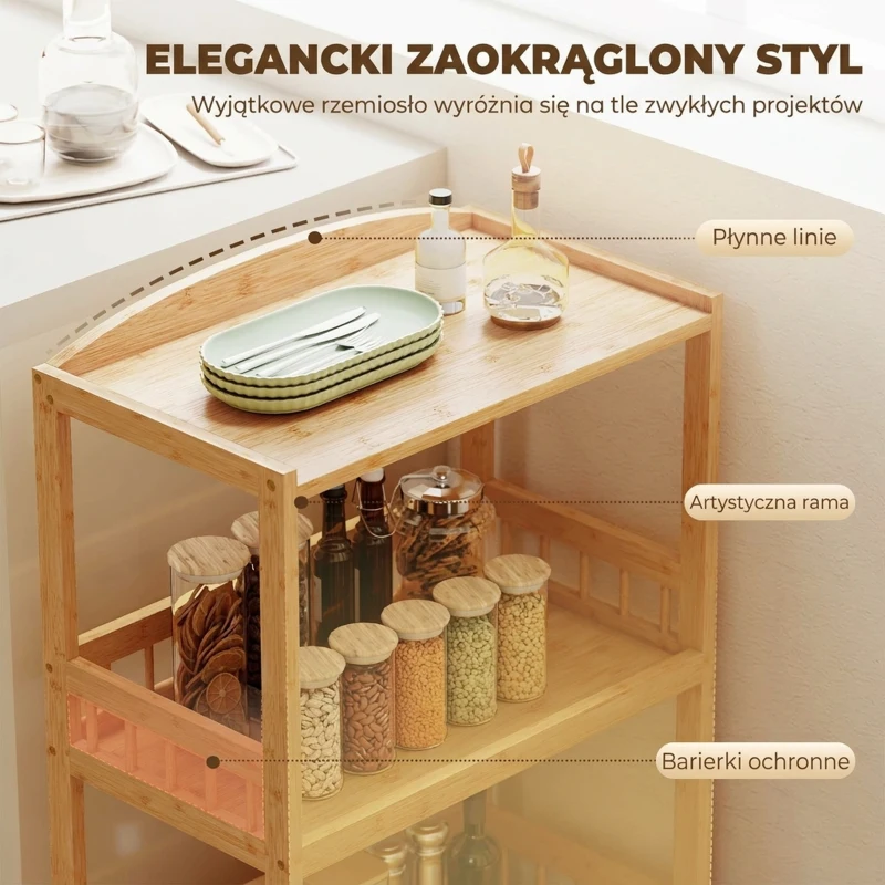HOMCOM Wózek kuchenny na kółkach z 3 poziomami, wózek serwisowy z miejscem do przechowywania, regał kuchenny na kółkach, do kuchni, łazienki, biura, naturalne drewno
