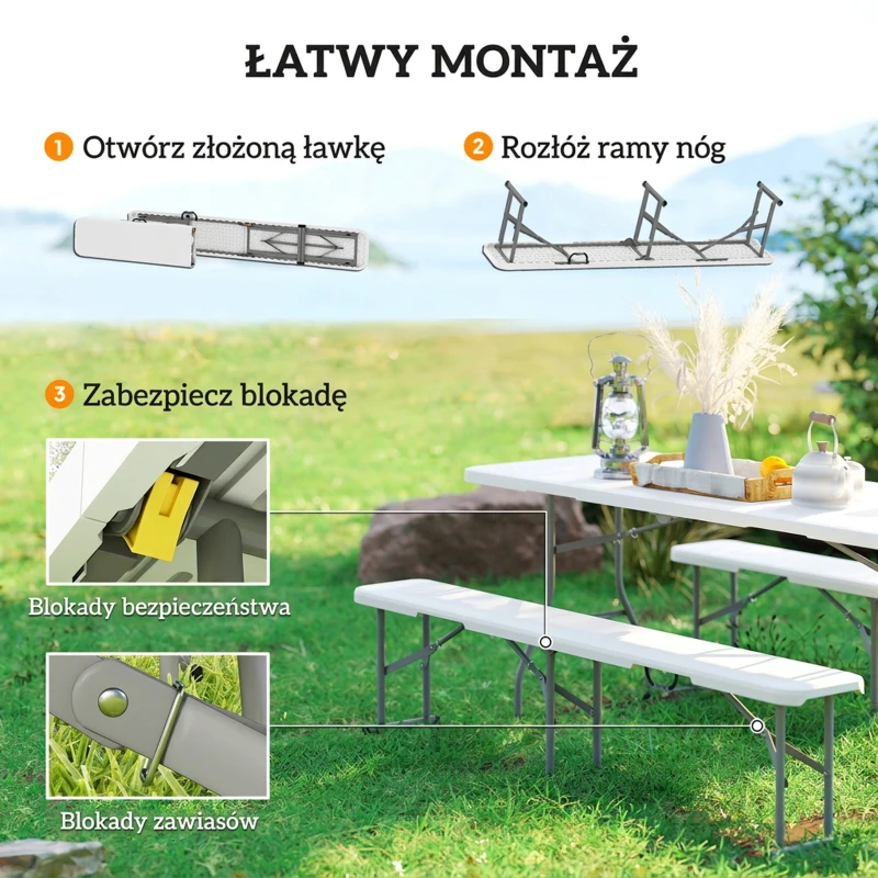 Ławka piknikowa składana z uchwytem, metalowe nogi