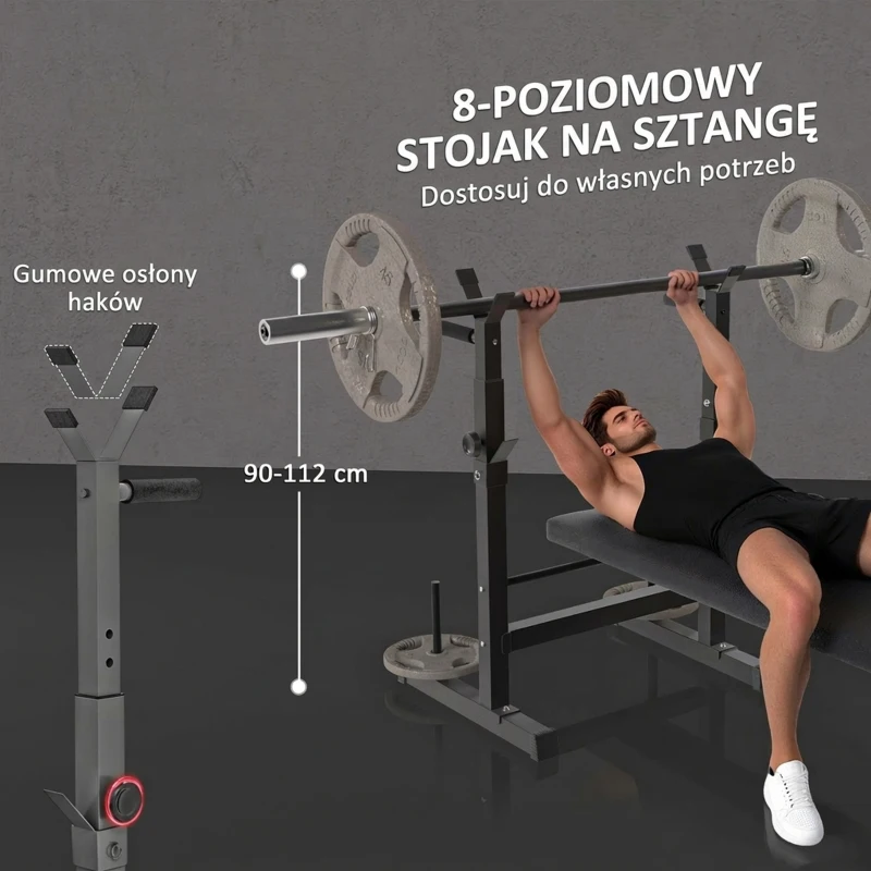 HOMCOM Ławka do ćwiczeń, 8 pozycji, składana, podstawa ze stali, wyściełana, skóra ekologiczna, 98-122Wys x 140Dł x 73Szer cm, Czarny/Szary