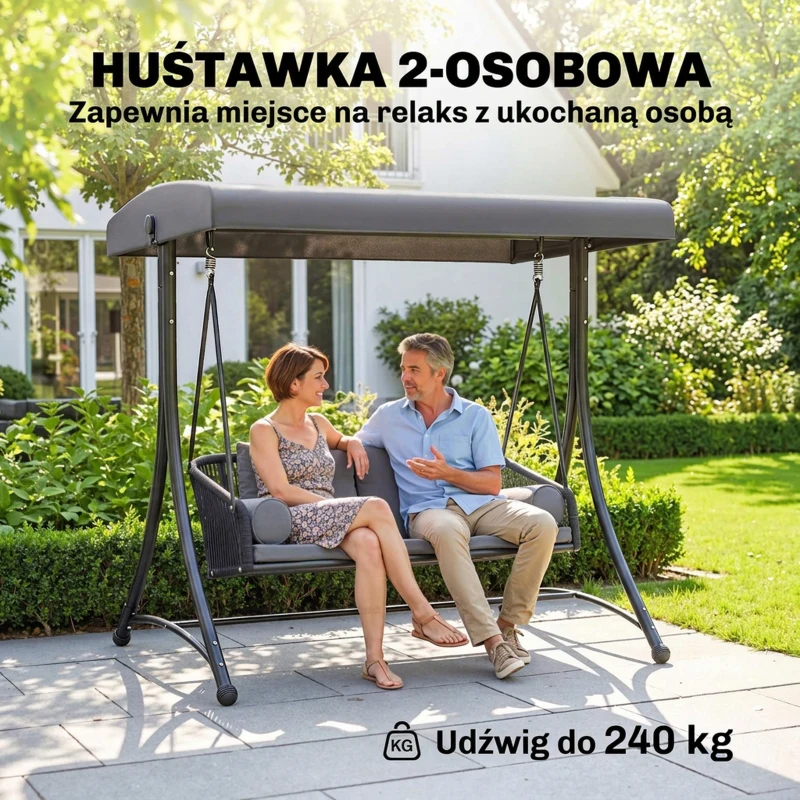 Outsunny Huśtawka ogrodowa Hollywood z rattanu, 2-osobowa, z regulowanym daszkiem słonecznym i miękkimi poduszkami, rama w kształcie litery A, ciemnoszara