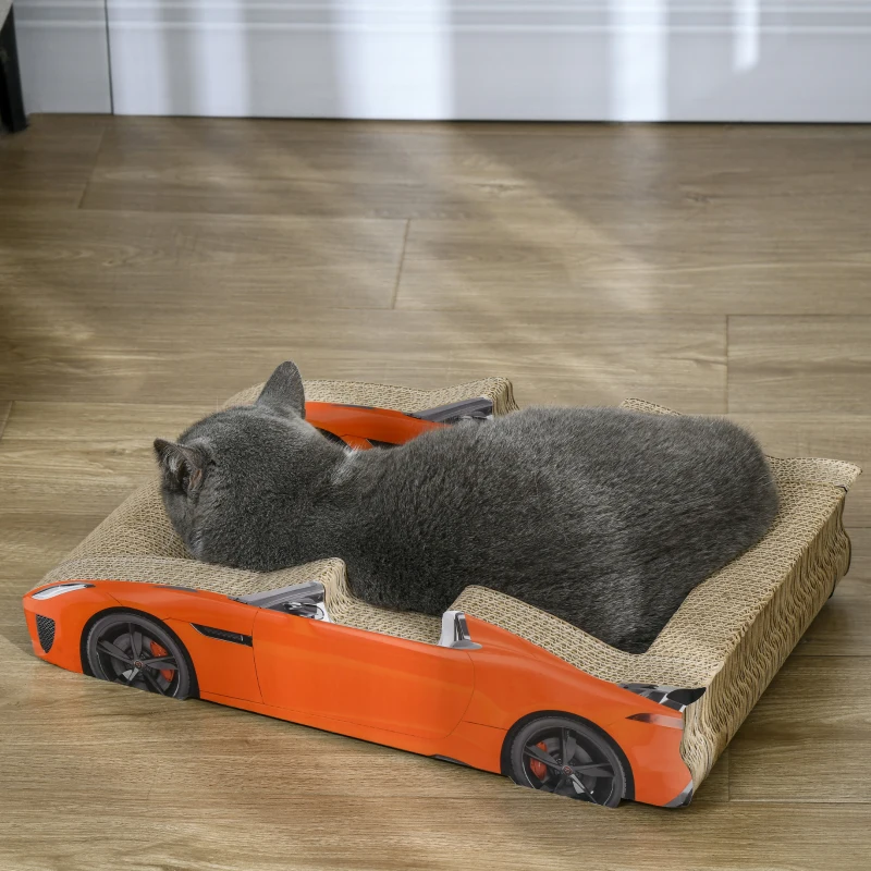 PawHut Cuccia per Gatti Tiragraffi a forma di Auto con Trattamento ad Erba Gatta, in Cartone Ondulato, 50x30x12.5 cm, Rosso