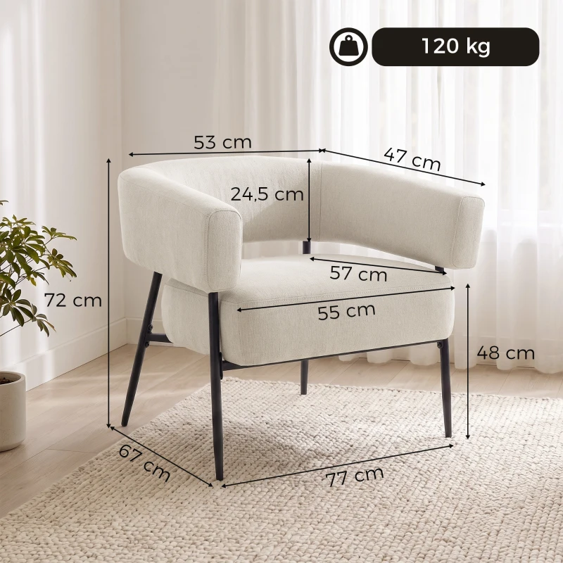 HOMCOM Fauteuil voor Woonkamer, Loungestoel met Dik Kussen, Gestoffeerde Relaxstoel in Linnenlook met Stalen Frame, Beige