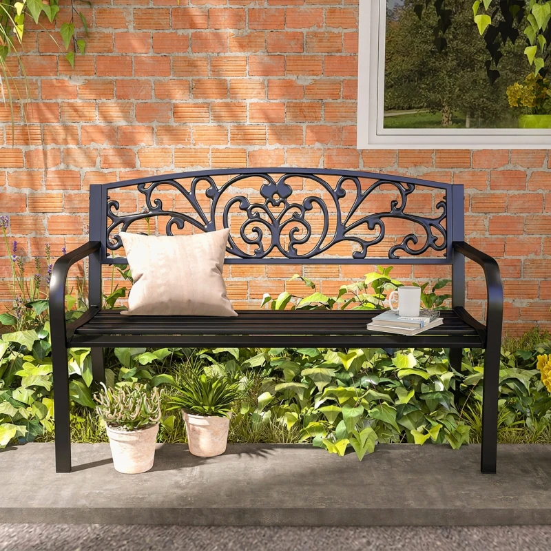 Outsunny Ławka Ogrodowa Metalowa z Wzornictwem Kwiatowym, 2-osobowa, Nośność 240 kg, Stal, 127D x 60S x 87W cm, Czarny
