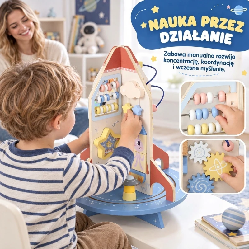 AIYAPLAY Drewniana kostka edukacyjna 15 w 1 w kształcie rakiety z pętlami motorycznymi, kołami zębatymi i klockami