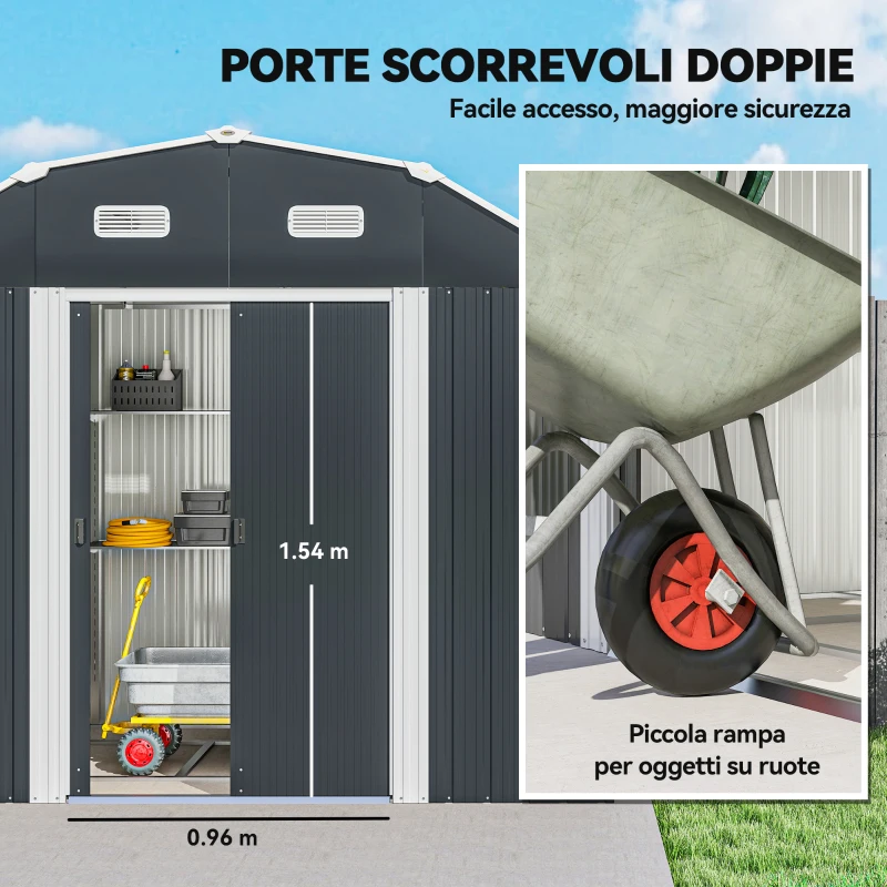 Outsunny Capanno Porta Attrezzi con Ripiani Regolabili e 2 Finestre, in Acciaio Zincato, 238x132x198.5 cm, Grigio Scuro