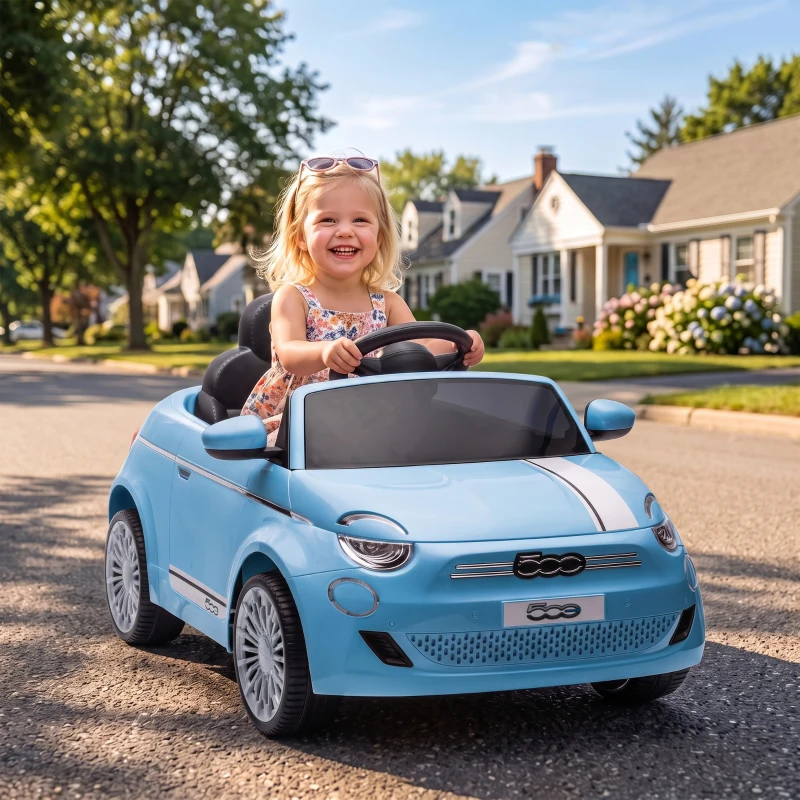 AIYAPLAY Macchina Elettrica per Bambini 12V Fiat 500, Batteria al Litio, 2 Motori, Telecomando, 3-6 Anni, Blu
