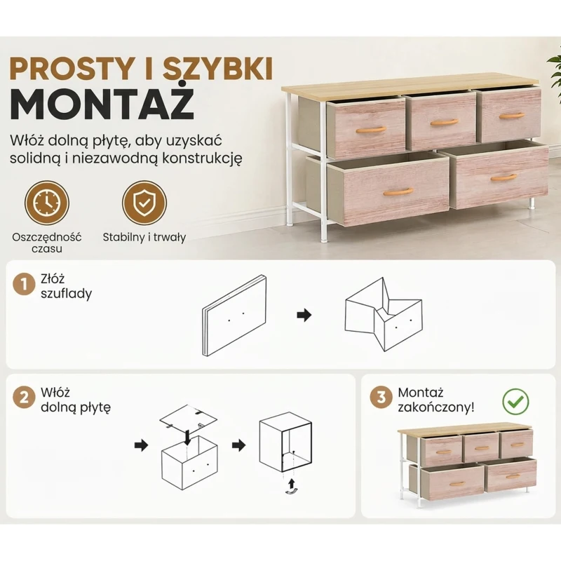 HOMCOM Komoda z 5 szufladami, tkaninowa szafka z metalową ramą i drewnianym blatem, naturalne drewno i biały