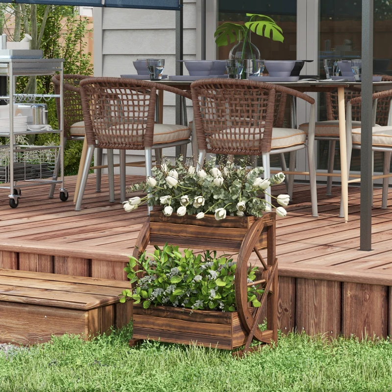 Outsunny Fioriera in Legno da Esterno a 2 Livelli con 3 Vasi e Ruote di Carro Stile Country, 55x32x56cm