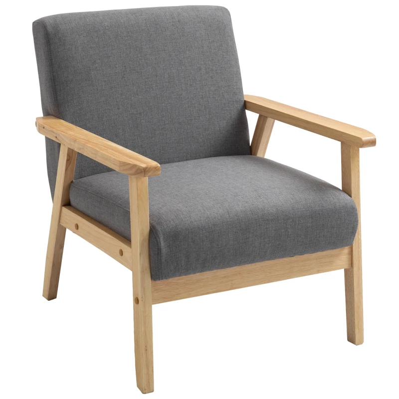 HOMCOM Fotel w stylu skandynawskim, Fotel akcentowy, Lite drewno, Imitacja lnu, 64 cm x 70 cm x 72 cm, Szary + Natura