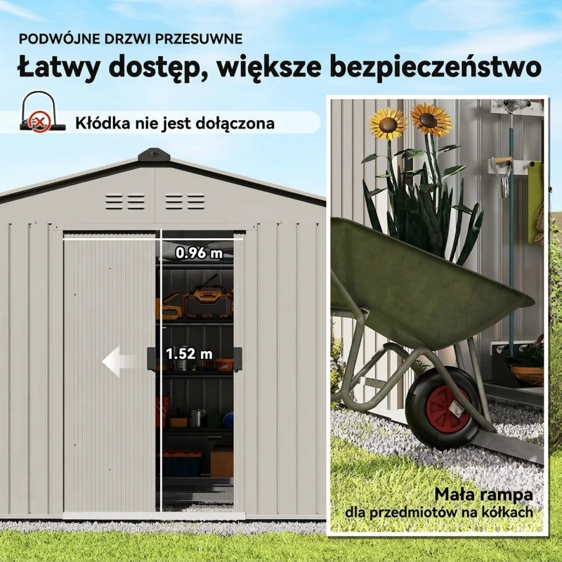 Outsunny Metalowy Domek Narzędziowy 4,9 m², Szopa Ogrodowa z Dwuspadowym Dachem, Drzwi Przesuwne, Fundament, 277 x 195 x 192 cm, Ocynkowana Stal, Odporny na Warunki Atmosferyczne, dla Ogrodu, Szary