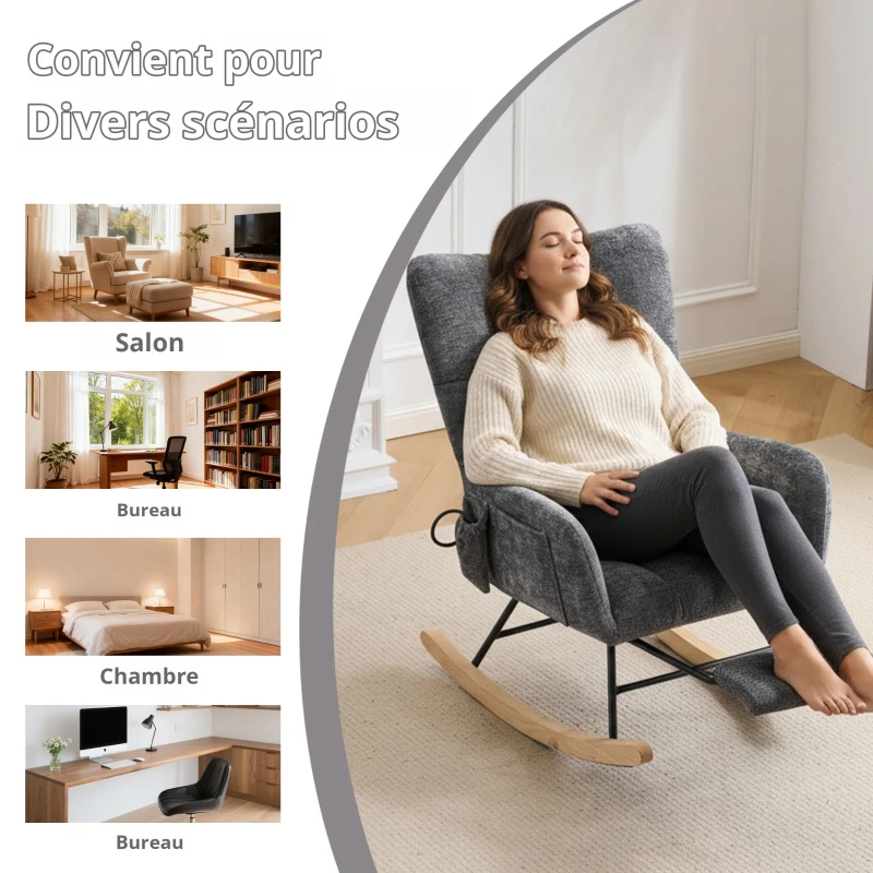 Fauteuil à bascule, coussins gonflables réglables, dossier haut, repose-pieds et rangement latéral, 63x92x89 cm, Gris foncé