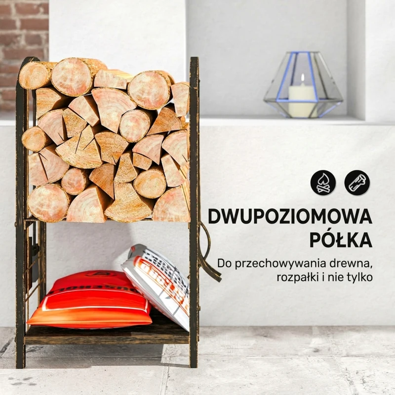 Outsunny Regał na drewno kominkowe do wnętrz, 43 x 30 x 74 cm, dwupoziomowy, z 4 narzędziami kominkowymi, haczykami, stojak na drewno kominkowe, metalowy, czarny