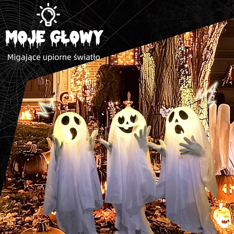 HOMCOM 60cm 23.6" Ghost Stakes Halloween Decorations, Halloween Props with Light Up Heads, for Haunted House Indoor Outdoor Decor