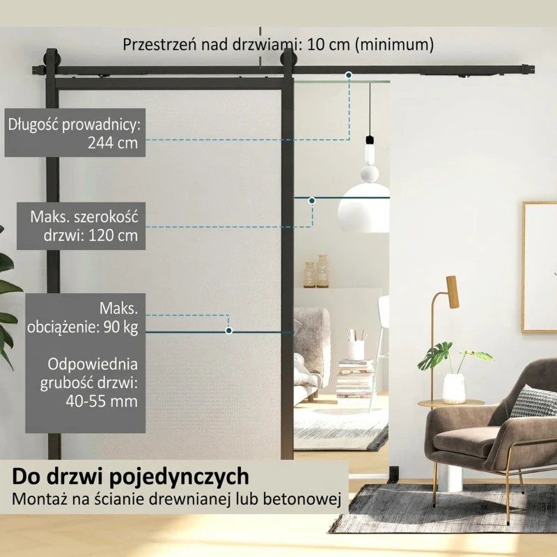 Kompletny zestaw okuć do drzwi przesuwnych HOMCOM, 244 cm, z szynami, rolkami, urządzeniami przeciwskokowymi, stoperami drzwiowymi, prowadnicą, system z stalą węglową, Czarny