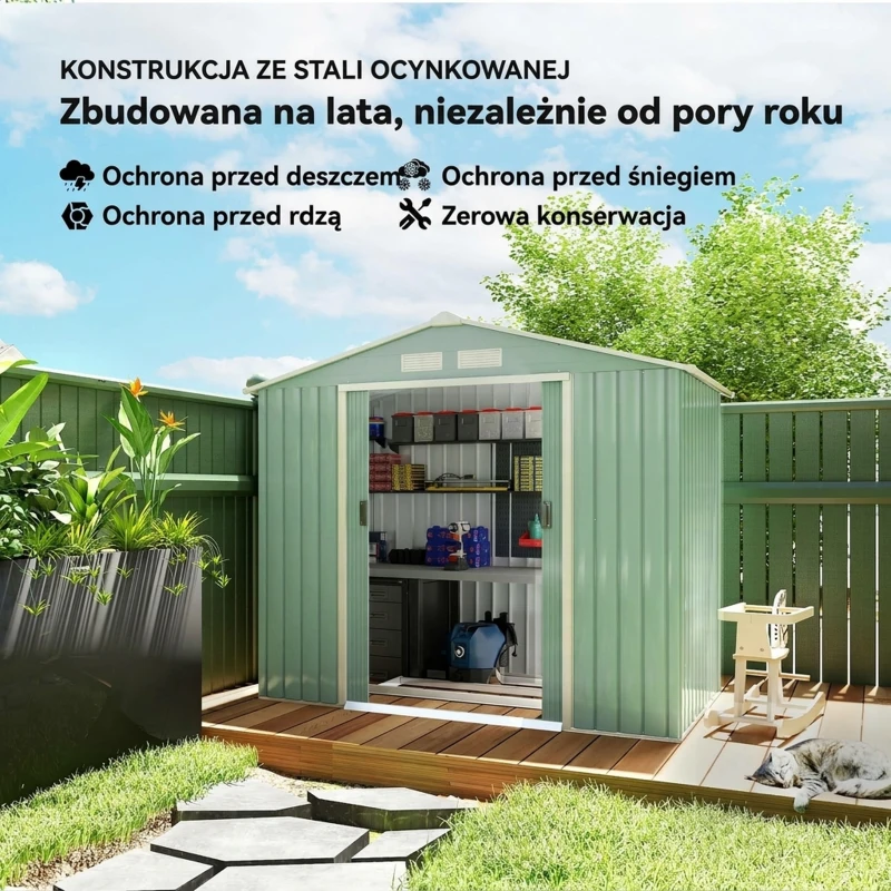 Outsunny Szop ogrodowy, 2 drzwi przesuwne, okna wentylacyjne, rama podłogowa z ocynkowanej stali, nierdzewna stal, jasnozielony, 2,13 x 1,30 x 1,85 m