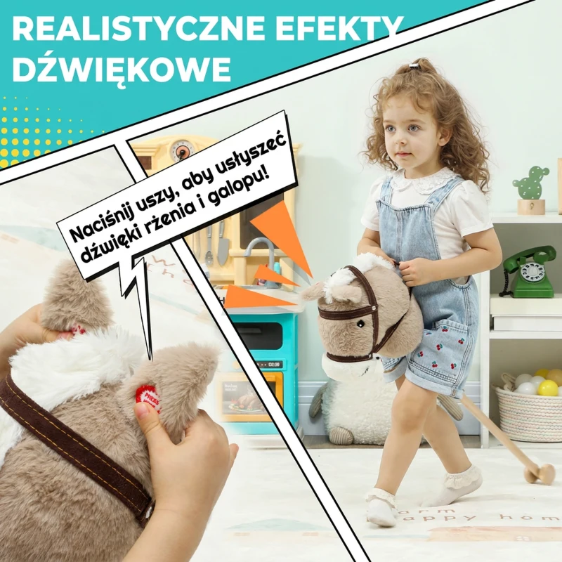 Konik na biegunach AIYAPLAY dla dzieci z dźwiękiem, kołami, drewnianym drążkiem, idealny na imprezy cosplay, dla dzieci 24+ miesięcy, szary