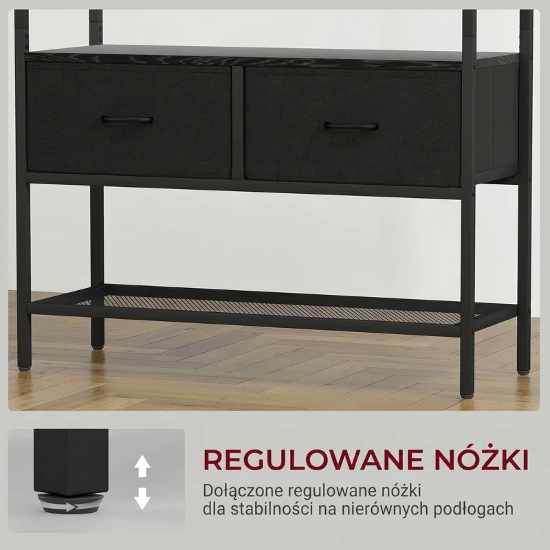 HOMCOM Wieszak na ubrania z półką na buty, 2 szuflady z materiału, garderoba z 8 haczykami, półka, wieszak na kurtki z zabezpieczeniem przeciwwypadowym, dla wejścia, korytarza, sypialni, czarny